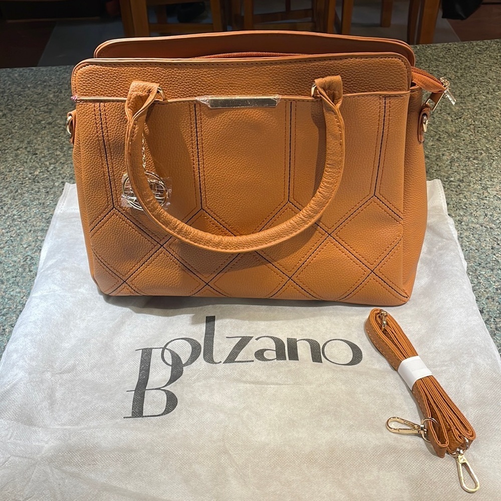 Bolzano Serena Vegan leather camel color handbag with removable crossbody strap